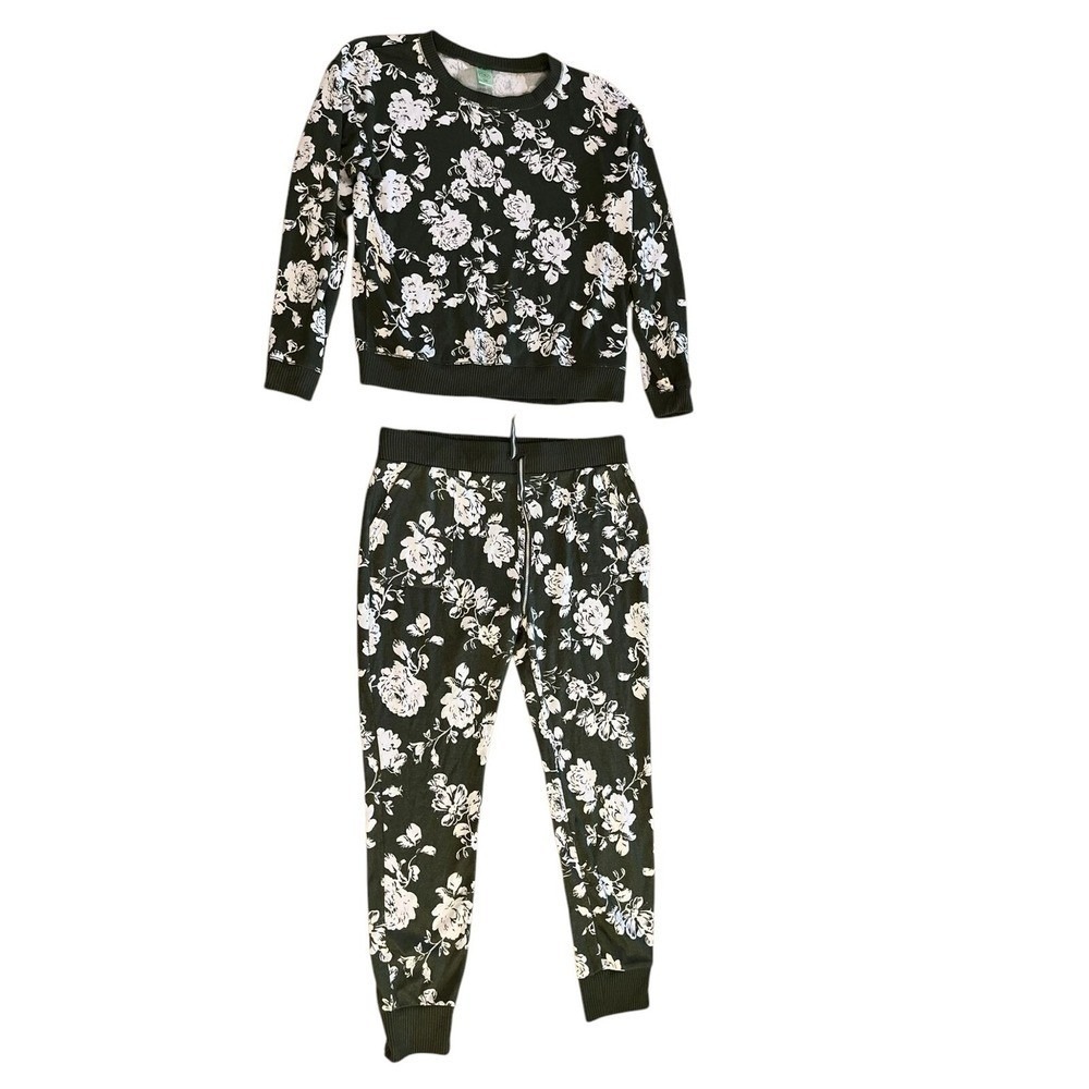 Honeydew Floral Print Lounge Set Comfy Jogger Sweatshirt Black White L